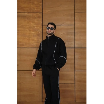 Erkek Premium Parçalı Eşofman Takım - Dik Yaka Fermuarlı Biyeli Sweatshirt Lastik Paça Alt, Oversize 3 iplik Şardonlu - Siyah