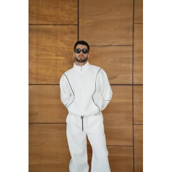 Erkek Premium Parçalı Eşofman Takım - Dik Yaka Fermuarlı Biyeli Sweatshirt Lastik Paça Alt, Oversize 3 iplik Şardonlu - Beyaz