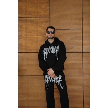 Erkek Premium Taş Baskılı Eşofman Takım Revenge Model (Siyah) Kapüşonlu Üst + Taşlı Baskılı Alt Modern Streetwear Tarzı Oversize Rahat Kalıp 3 iplik Pamuklu - Siyah