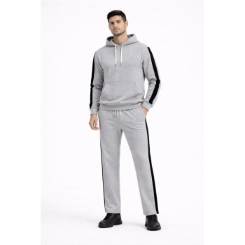 Erkek Şeritli Eşofman Takım Kapüşonlu Sweatshirt Boru Paça Alt, Oversize 3 iplik Pamuklu - Gri