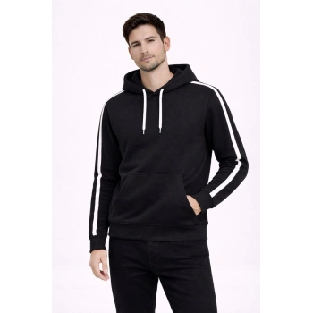 Erkek Şeritli Kapüşonlu Sweatshirt Oversize 3 iplik Pamuklu - Siyah