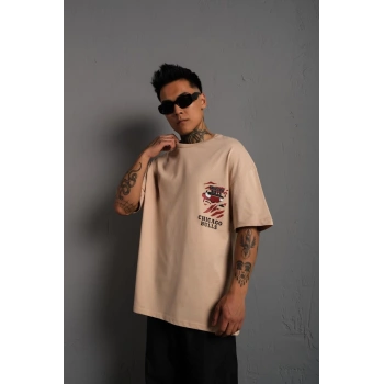 Erkek Sırt Baskılı A Kalite Oversize T-shirt - Bej