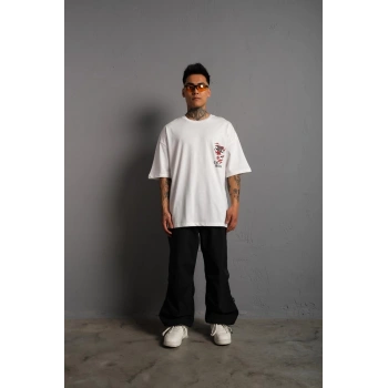 Erkek Sırt Baskılı A Kalite Oversize T-shirt - Beyaz