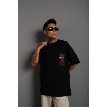 Erkek Sırt Baskılı A Kalite Oversize T-shirt - Siyah