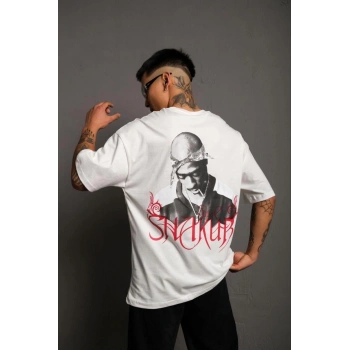 Erkek Oversize Tişört – Beyaz 24/1 Penye Kumaş, Bisiklet Yaka, Ön & Arka Baskılı, Streetwear Tarzı Rahat Büyük Kalıp T-Shirt- Beyaz
