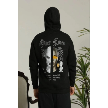 Erkek Kapşonlu Sweatshirt – Oversize Üç İplik Şardonlu Hoodie, “Other Lives” Ön & Arka Baskılı, Kanguru Cepli, Kışlık Rahat Günlük Stil - Siyah