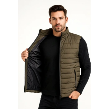 Erkek Şişme Fermuarlı Yelek Su itici Kapitone Astarlı Kumaş Cepli Hafif Kışlık Spor Rahat Kalıp - Haki