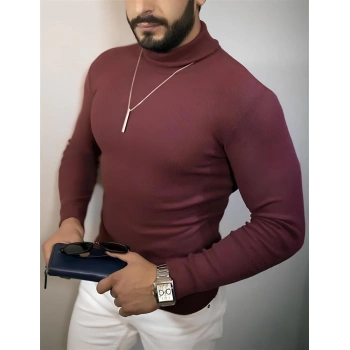 Erkek Tam Boğazlı Fitilli Kaşkorse Triko – Likralı, Extra Dar Kesim Slimfit, Yumuşak Kaşmir Dokulu Model - Bordo