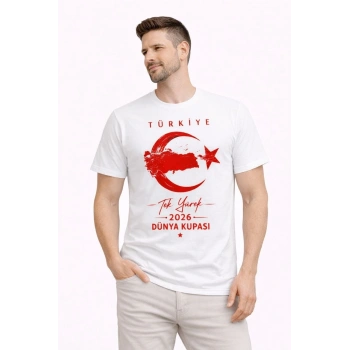 Erkek TÜRKİYE Ay Yıldız Baskılı Taraftar Forma T-Shirt - Beyaz