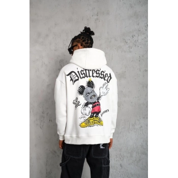 Erkek Üç İplik Baskılı Kapüşonlu Sweat - Beyaz