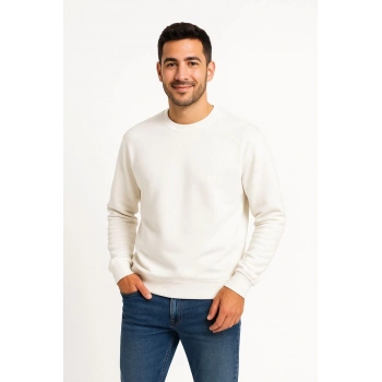 Erkek Üç İplik Düz Bisiklet Yaka SweatShirt - Beyaz