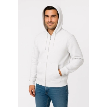 Erkek Üç İplik Kapüşonlu Tam Fermuarlı Kanguru Cepli SweatShirt Hoodie - Beyaz