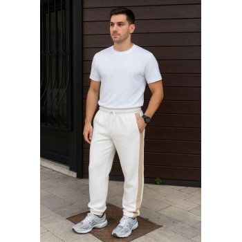 Erkek Üç İplik Kışlık Pamuklu Yandan Garneli Kalın Bej Şeritli Cepli Eşofman Altı - Beyaz