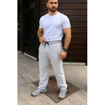 Erkek Üç İplik Kışlık Pamuklu Yandan Garneli Kalın Bej Şeritli Cepli Eşofman Altı - Gri