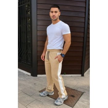 Erkek Üç İplik Kışlık Pamuklu Yandan Garneli Kalın Şeritli Cepli Eşofman Altı - Bej
