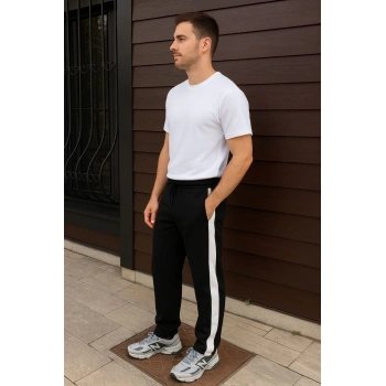 Erkek Üç İplik Kışlık Pamuklu Yandan Garneli Kalın Şeritli Cepli Eşofman Altı - Siyah