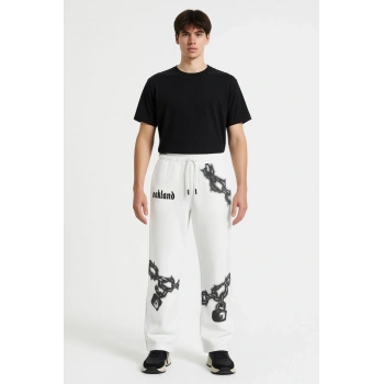 Erkek Üç İplik Pamuklu Baskılı Cepli Jogger Buggy Pantalon Oversize Kalıp - Beyaz