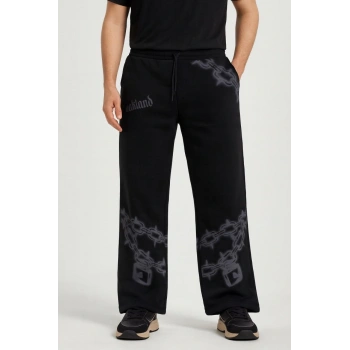 Erkek Üç İplik Pamuklu Baskılı Cepli Jogger Buggy Pantalon Oversize Kalıp - Siyah