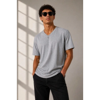Erkek V Yaka Basic Tişört Kısa Kol Yazlık Regular Fit T-Shirt - Gri