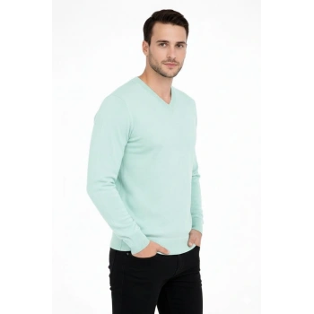 Erkek V Yaka Triko Kazak yumuşak dokulu Pamuklu ince Dokuma, uzun kollu Rahat Regular kalıp - Mint Yeşili