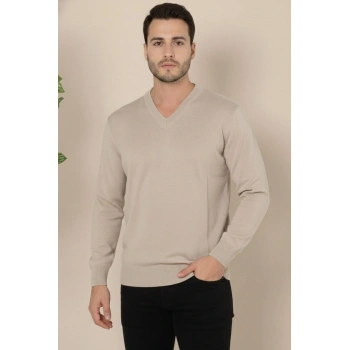 Erkek V Yaka Triko Kazak yumuşak dokulu Pamuklu ince Dokuma, uzun kollu Rahat Regular kalıp - Bej