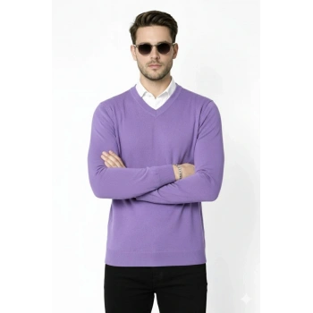 Erkek V Yaka Triko Kazak yumuşak dokulu Pamuklu ince Dokuma, uzun kollu Rahat Regular kalıp - Mor