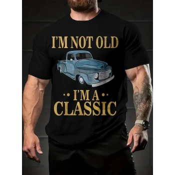 Erkek Vintage Araba Grafik T-Shirt - Ben Yaşlı Değilim Ben Bir Klasiğim Esprili Baskı  Nefes Alabilir Kumaş, Günlük Yaz ve Yıl Boyu Giyim için Oversize Kısa Kollu Tişört - Siyah