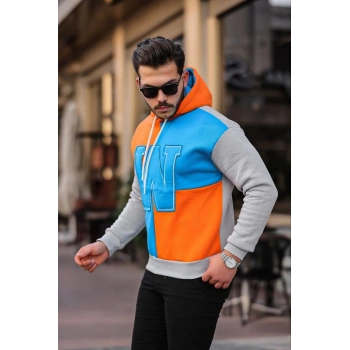 Erkek W Nakış İşlemeli Kapüşonlu Sweatshirt - Mavi