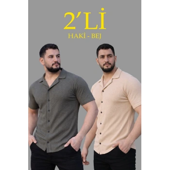 Erkek Waffle Dokuma Açık Yakalı Düğmeli Regular Kalıp 2’li Gömlek Seti - Haki & Bej
