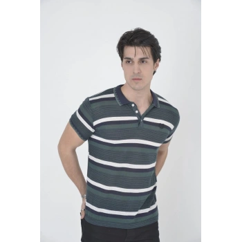 Erkek Yakalı Slim Fit Dokuma Çizgili T-Shirt - Haki