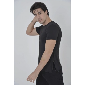 Erkek Yandan Fermuarli Slim fit T-shirt - Siyah