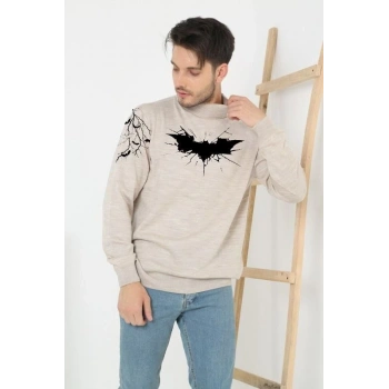 Erkek Yarım Bağazlı Kazak Baskılı Dokuma Triko - Bej