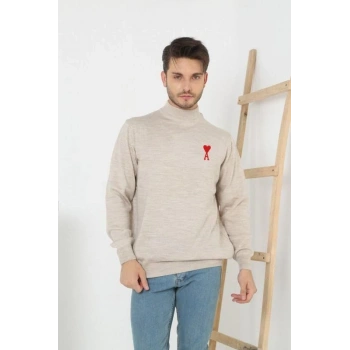 Erkek Yarım Bağazlı Kazak Baskılı Dokuma Triko - Bej