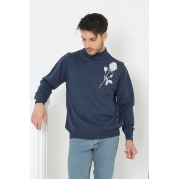 Erkek Yarım Bağazlı Kazak Baskılı Dokuma Triko - Lacivert