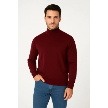 Erkek Yarım Boğaz Triko Kazak yumuşak dokulu Pamuklu ince Dokuma, uzun kollu Rahat Regular kalıp - Bordo