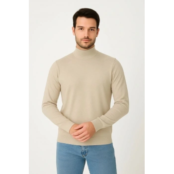 Erkek Yarım Boğaz Triko Kazak yumuşak dokulu Pamuklu ince Dokuma, uzun kollu Rahat Regular kalıp - Bej
