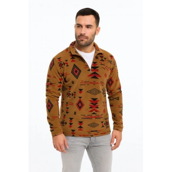 Erkek Yarım Fermuarlı Desenli Polar Sweat Tribal Etnik Desen Yakalı, Uzun Kollu, Oversize Rahat Kalıp, - Kahverengi