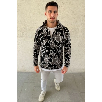 Erkek Yarım Fermuarlı Desenli Polar Sweat Yakalı, Uzun Kollu, Oversize Rahat Kalıp - Siyah