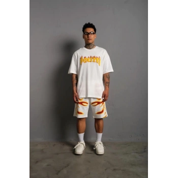 Erkek Alev Baskılı İkili Şortlu Takım - Beyaz