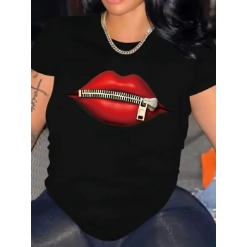 fermuar dudak baskılı tişört bisiklet yaka kısa kollu tişört - Siyah