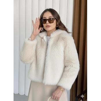 Fermuarlı kısa kürk siyah ekru t7746