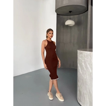 Fırfır Detaylı Triko Elbise- Kahverengi