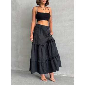 Fırfırlı brodeli astarlı uzun etek siyah s255047