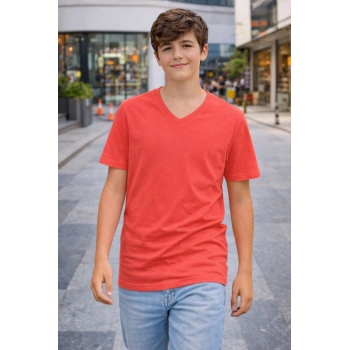 Genç Erkek Çocuk V Yaka Tişört Model - Nar Çiçeği
