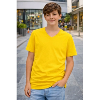 Genç Erkek Çocuk V Yaka Tişört Model - Sarı