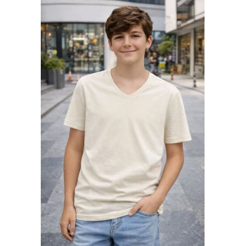 Genç Erkek Çocuk V Yaka Tişört Model - Taş