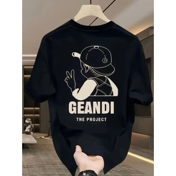 Geniş Kesim Pamuklu Tişört - GANDHI The Project Baskılı, Siyah, Rahat Kesim, Kısa Kollu, Günlük Kıyafet, Her Gün Giyilebilecek Tişört- Siyah