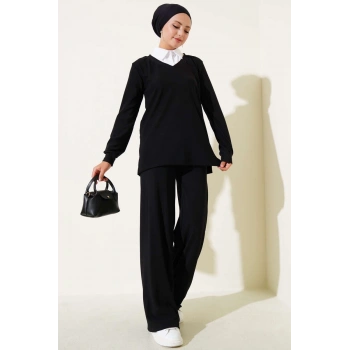 Gömlek Yaka Fitilli Salaş İkili Takım siyah T4300