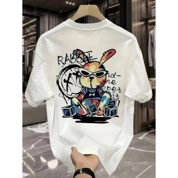 Güneş Gözlüğü Grafikli Karikatür Tavşan Oversize Kısa Kollu Tişört Çift Tişört, İlkbahar Ve Yaz - Beyaz