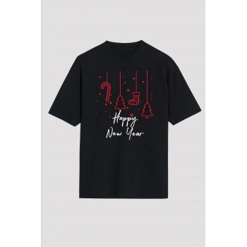 Happy New Year Baskılı T-shirt - Siyah